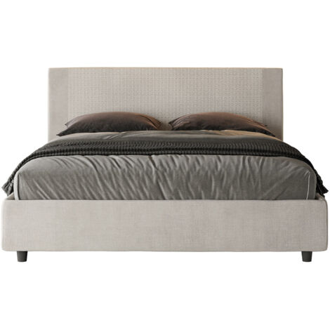 Letto Matrimoniale 160x190 cm con Rete e Contenitore con Testata e Alzata Comoda Imbottito in Tessuto Labirinto Rosal Bianco