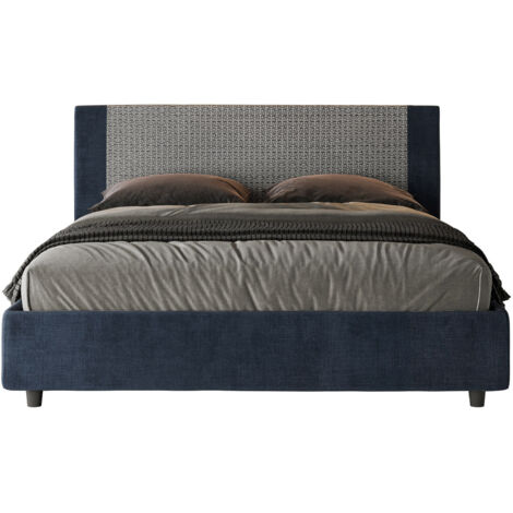 Letto Matrimoniale 160x190 cm con Rete e Contenitore con Testata e Alzata Comoda Imbottito in Tessuto Labirinto Rosal Blu