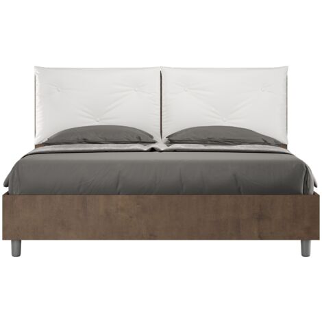Letto Matrimoniale 160x190 cm con Rete e Contenitore Struttura Noce con Cuscini in Similpelle Egos Appia Bianco