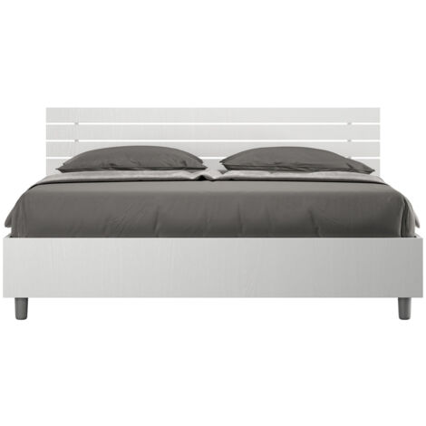 Letto Matrimoniale 160x190 cm con Rete e Contenitore Testata Doghe Inclinata Ankel Frassino Bianco