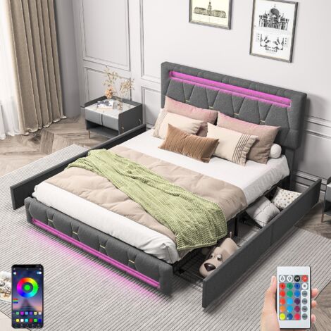Letto Matrimoniale 160x200 cm, con Illuminazione LED, 4 Cassetti, Testata Regolabile, Rete a Doghe in Legno, Letto Imbottito in Lino - Grigio