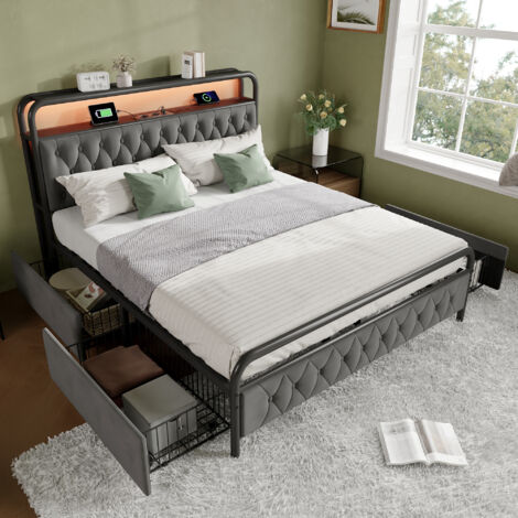 Letto Matrimoniale 160x200 cm con Luci LED, 4 Cassetti e Porte USB+Type-C, Struttura in Metallo, Velluto Grigio