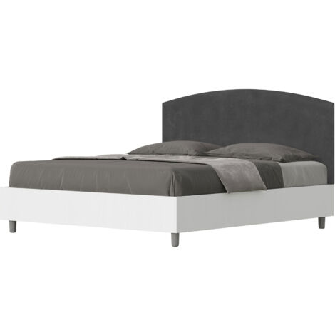 Letto Matrimoniale 160x200 cm con Rete e Contenitore Alzata Comoda Struttura Bianco Frassico e Testata in Microfibra Antilia Grigio