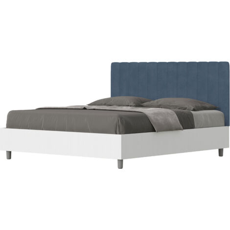 Letto Matrimoniale 160x200 cm con Rete e Contenitore Alzata Comoda Struttura Bianco Frassico e Testata in Microfibra Kaia Blu