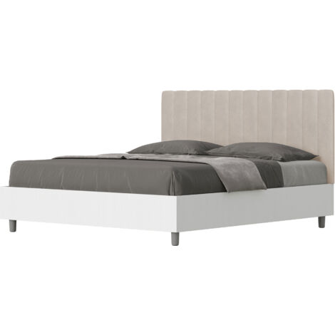 Letto Matrimoniale 160x200 cm con Rete e Contenitore Alzata Comoda Struttura Bianco Frassico e Testata in Microfibra Kaia Sabbia