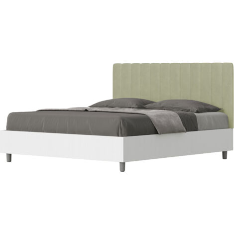 Letto Matrimoniale 160x200 cm con Rete e Contenitore Alzata Comoda Struttura Bianco Frassico e Testata in Microfibra Kaia Tè Verde