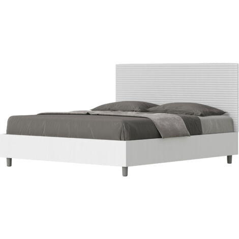 Letto Matrimoniale 160x200 cm con Rete e Contenitore Alzata Comoda Struttura Bianco Frassico e Testata in Similpelle Level Bianco
