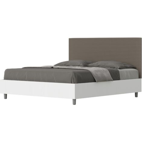 Letto Matrimoniale 160x200 cm con Rete e Contenitore Alzata Comoda Struttura Bianco Frassico e Testata in Similpelle Level Cappuccino