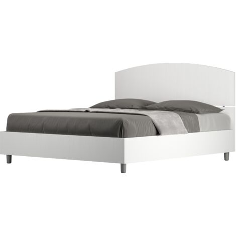 Letto Matrimoniale 160x200 cm con Rete e Contenitore Alzata Comoda Testata Inclinata a Doghe Dora Bianco Frassino