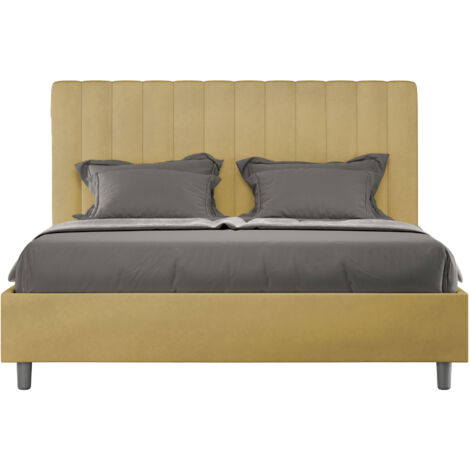 Letto Matrimoniale 160x200 cm con Rete e Contenitore con Testata e Alzata Comoda Imbottito in Microfibra Agueda Ocra