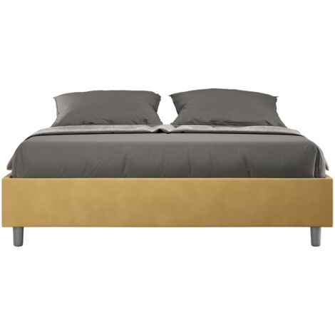 Letto Matrimoniale 160x200 cm con Rete e Contenitore Giroletto con Alzata Comoda Imbottito in Microfibra Azelia Ocra