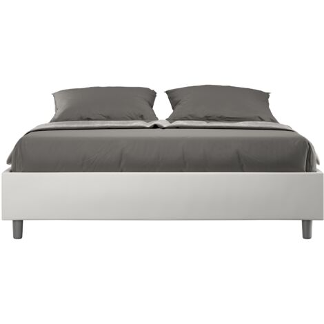 Letto Matrimoniale 160x200 cm con Rete e Contenitore Giroletto con Alzata Comoda Imbottito in Similpelle Azelia Bianco