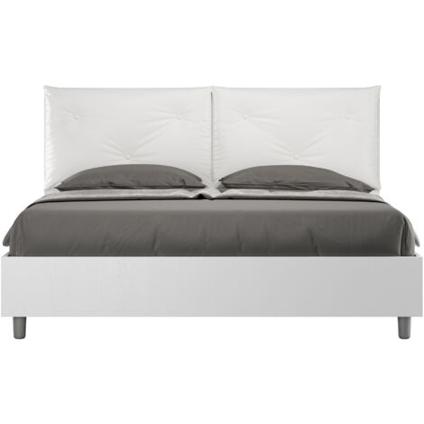 Letto Matrimoniale 160x200 cm con Rete e Contenitore Struttura Bianco Frassico con Cuscini in Similpelle Egos Appia Bianco