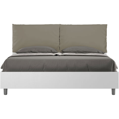 Letto Matrimoniale 160x200 cm con Rete Struttura Bianco Frassico con Cuscini in Similpelle Egos Antea Cappuccino