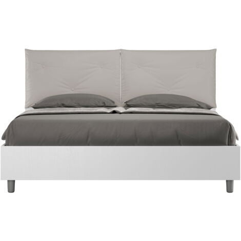 Letto Matrimoniale 160x200 cm con Rete Struttura Bianco Frassico con Cuscini in Similpelle Egos Appia Tortora