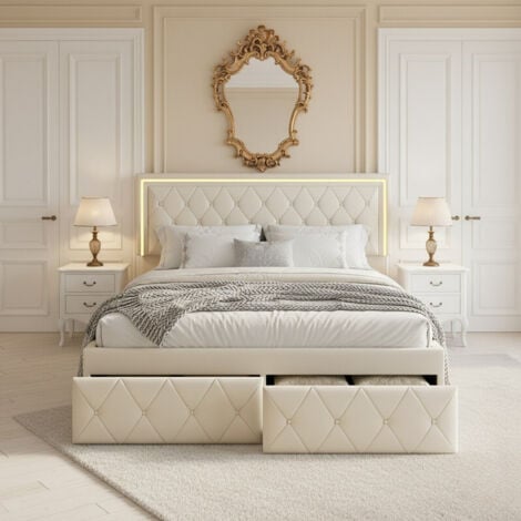 FORTUNA LAI Letto Matrimoniale 160x200 cm di Lusso - Struttura Letto Capitonné in Ecopelle PU Beige con 4 Cassetti e Illuminazione LED in Testiera