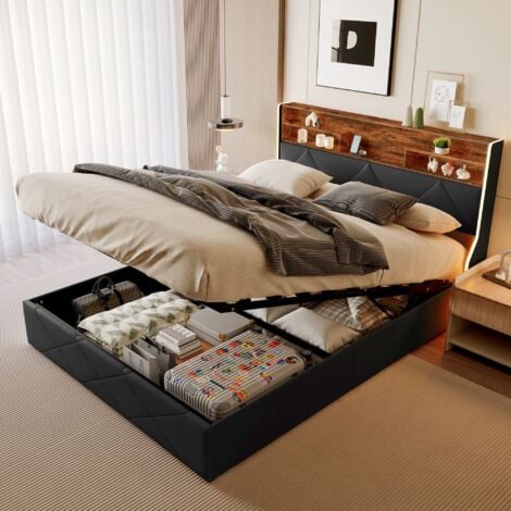 DANS LES NUAGES 160x200 cm in PU con testiera imbottita, LED regolabili, porta USB, spazio di archiviazione idraulico e ripiani in legno massello - Nero