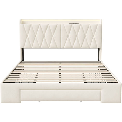 Letto matrimoniale 160x200 cm, letto per adulti con cassetti e rete a doghe e testiera, letto imbottito in velluto, beige