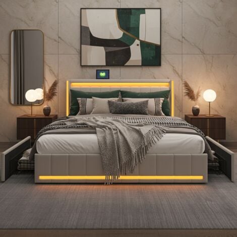 FORTUNA LAI 160x200 con 4 Cassetti Contenitore - Testiera LED RGB e Ricarica USB/USB-C - Design Moderno in Tessuto Beige