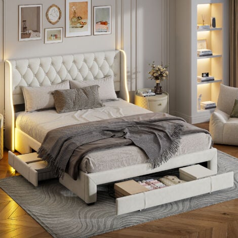 PERGAR Letti con cassetti 160x200,letto matrimoniale contenitore,letti per adulti,letto imbottito con illuminazione a LED e 3 cassetti, testiera imbottita, velluto, beige