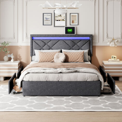 letto matrimoniale 160x200,letto matrimoniale contenitore,letto imbottito,letti con cassetti,LED, ricarica USB e Type-C, testiera Comfort, Lino, Grigio scuro