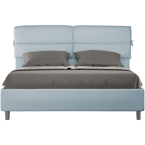 Letto Matrimoniale 160x210 cm con Rete e Contenitore con Testata e Alzata Comoda Imbottito in Microfibra Nandy Azzurro