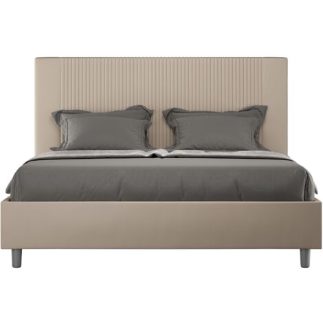 Letto Matrimoniale 160x210 cm con Rete e Contenitore con Testata e Alzata Comoda Imbottito in Similpelle Goya Tortora