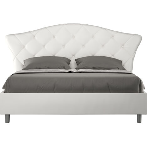 Letto Matrimoniale 160x210 cm con Rete e Contenitore con Testata e Alzata Comoda Imbottito in Similpelle Langre Bianco