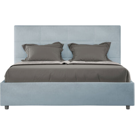 Letto Matrimoniale 160x210 cm con Rete e Contenitore Giroletto con Alzata Comoda Imbottito in Microfibra Mika Azzurro