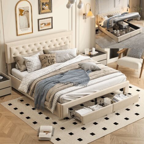Letto matrimoniale 180x200,letto matrimoniale contenitore,letto contenitore 180x200,con due cassetti,design rivetto, velluto, beige