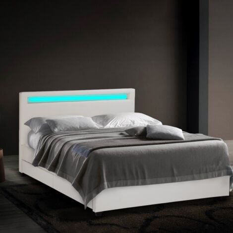 Letto matrimoniale 2 piazze moderno con rete testiera led cassetti 160x190 Geneva King - Bianco
