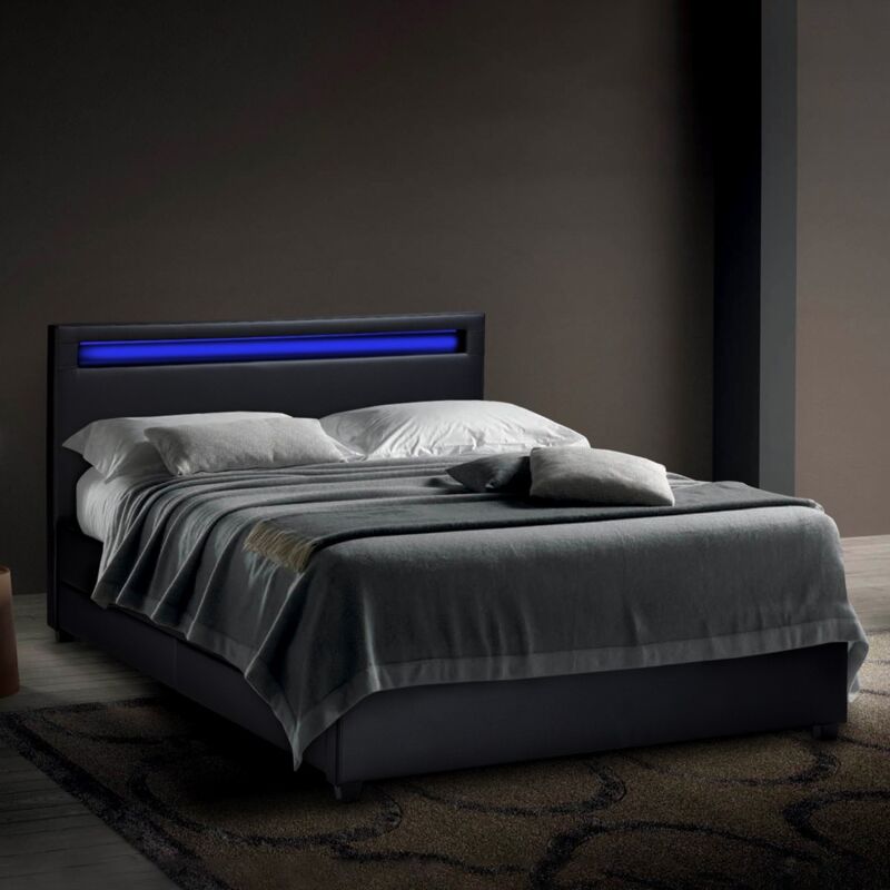 Letto matrimoniale 2 piazze moderno con rete testiera led cassetti 160x190 Geneva King Colore: Nero