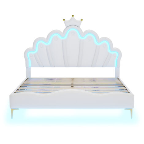 Letto matrimoniale bianco, 140x200 cm, rivestimento in morbida pelle, luce a LED regolabile