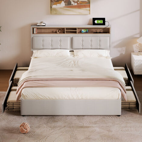Letto matrimoniale con 4 cassetti e presa USB C, letto imbottito 140x200 cm, testiera regolabile in altezza, rete a doghe in legno (senza materasso) beige