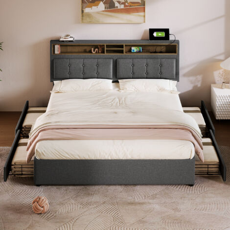 Letto matrimoniale con 4 cassetti e presa USB C, letto imbottito 160x200 cm, testiera regolabile in altezza, rete a doghe in legno (senza materasso) grigio