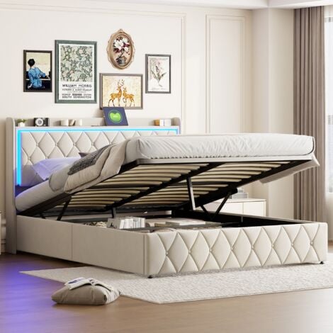 DANS LES NUAGES Letto Matrimoniale con Contenitore 140x190 cm, Illuminazione LED, Funzione di Carica USB e Type-C, Tessuto in Velluto, Base a Doghe, Materasso a Gas - Beige