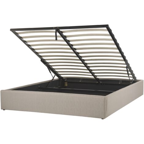 Letto matrimoniale con contenitore Imbottito marrone chiaro Effetto Lino con Box Portaoggetti 160 x 200 cm Dinan