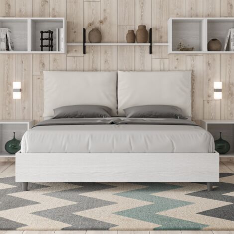 Letto matrimoniale con rete 160x190 bianco frassino cuscini similpelle bianco Egos Antea