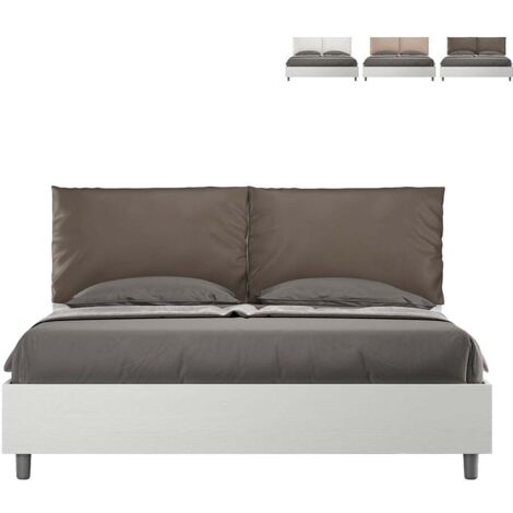 Letto matrimoniale con rete 160x190 bianco frassino cuscini similpelle cappuccino Egos Antea