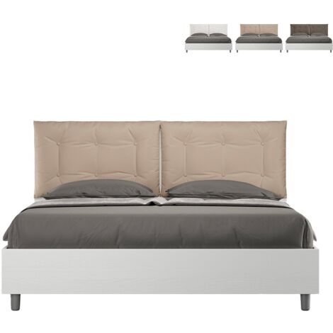 Letto matrimoniale con rete 160x190 bianco frassino cuscini similpelle tortora Egos Annalisa