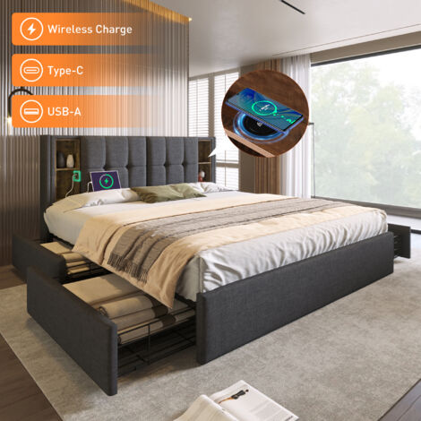 Letto matrimoniale con ricarica wireless USB C e 4 cassetti, giroletto imbottito 160x200 cm, rete a doghe in legno e lino grigio (senza materasso)