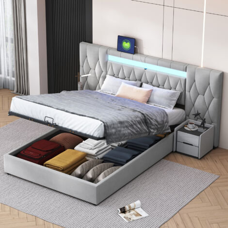 HAUSS SPLOE Letto matrimoniale, con schienale, presa led e usb, contenitore idraulico, velluto, letto adulto, 140x200cm, grigio