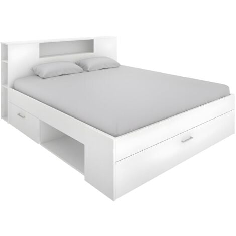 Letto matrimoniale con testiera portaoggetti e cassetti 160 x 200 cm Bianco - LEANDRE