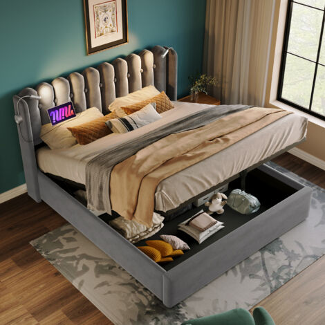 Letto matrimoniale contenitore 140x200 cm con luce di lettura, contenitore idraulico, porta USB, testiera in velluto grigio (materasso non incluso)