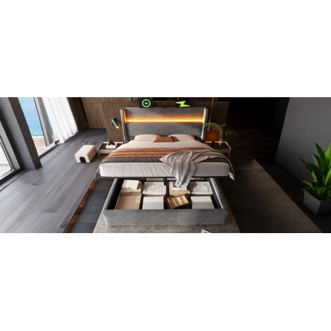 Letto matrimoniale contenitore 140x200 LED USB OKMYHOME
