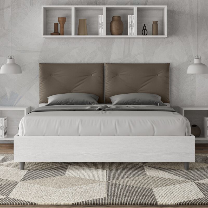 Letto matrimoniale con rete 160x190 bianco frassino cuscini similpelle cappuccino Egos Appia