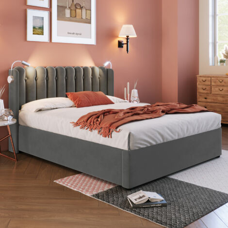 Letto matrimoniale contenitore 160x200 cm con luce di lettura, contenitore idraulico, porta USB, testiera in velluto grigio (materasso non incluso)