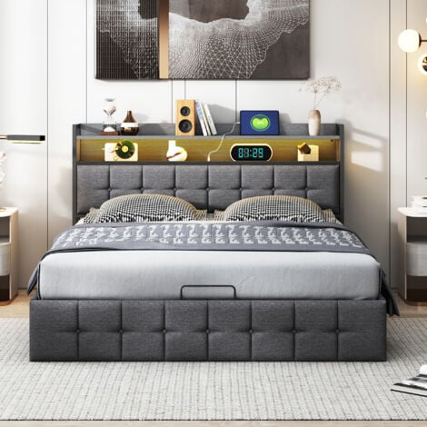 FORTUNA LAI Matrimoniale Contenitore 160x200 cm con Testiera Attrezzata e Stazione di Ricarica - Struttura in Tessuto Grigio - Luci LED RGB e Porte USB