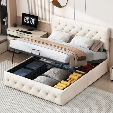 EIFSON Letto matrimoniale contenitore 160x200 cm, decorazione con bottoni, rete a doghe, velluto, contenitore air bar, adatto per adulti e ragazzi - Albicocca