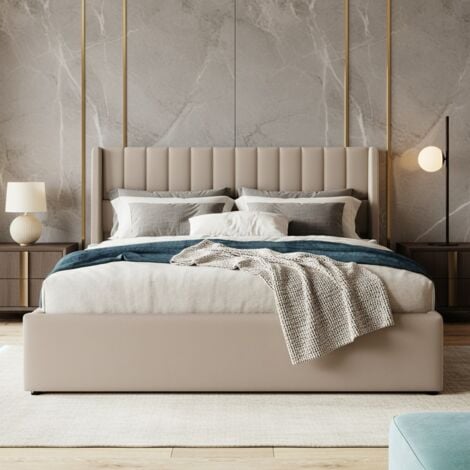 FORTUNA LAI Letto Matrimoniale Contenitore 160x200 cm in Tessuto di Lino Beige - Struttura Letto con Ampio Vano - Testiera di Design - Rete Inclusa